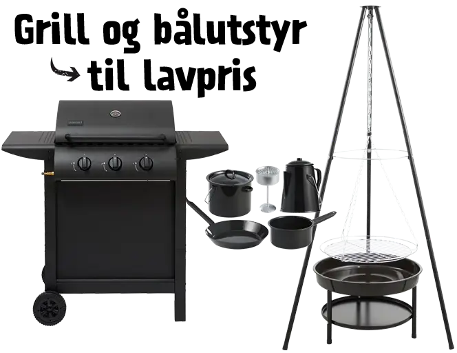 Gassgrill, bålpanne og tilbehør